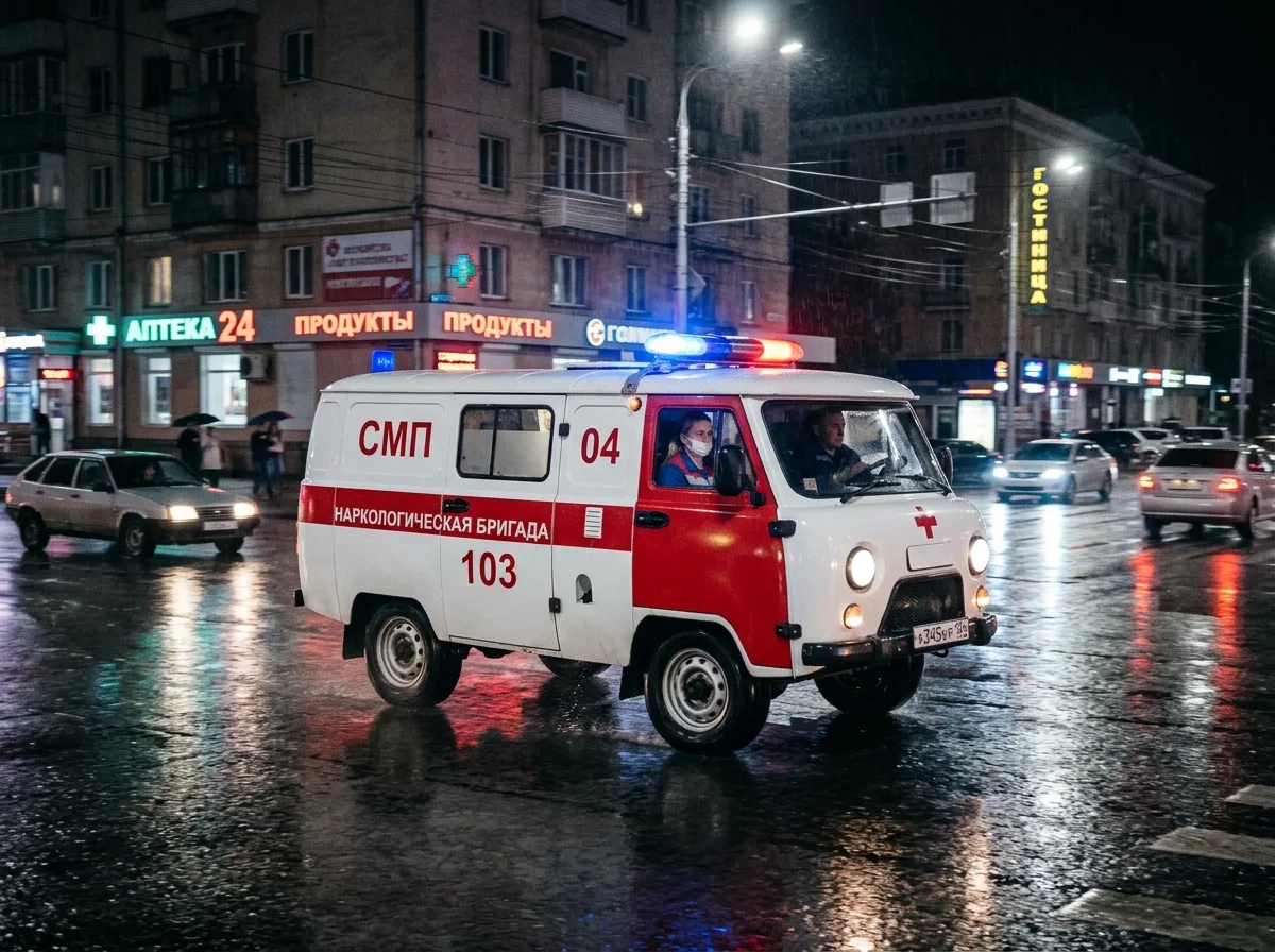 Наркологическая бригада врачей выезжает на вызов по Красноярску, медицинский автомобиль, ночь, городские огни