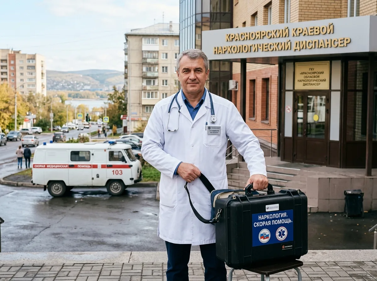 Врач-нарколог в белом халате с медицинским чемоданчиком, готовится к выезду на дом к пациенту в Красноярске, профессиональный медицинский вид, спокойный уверенный взгляд