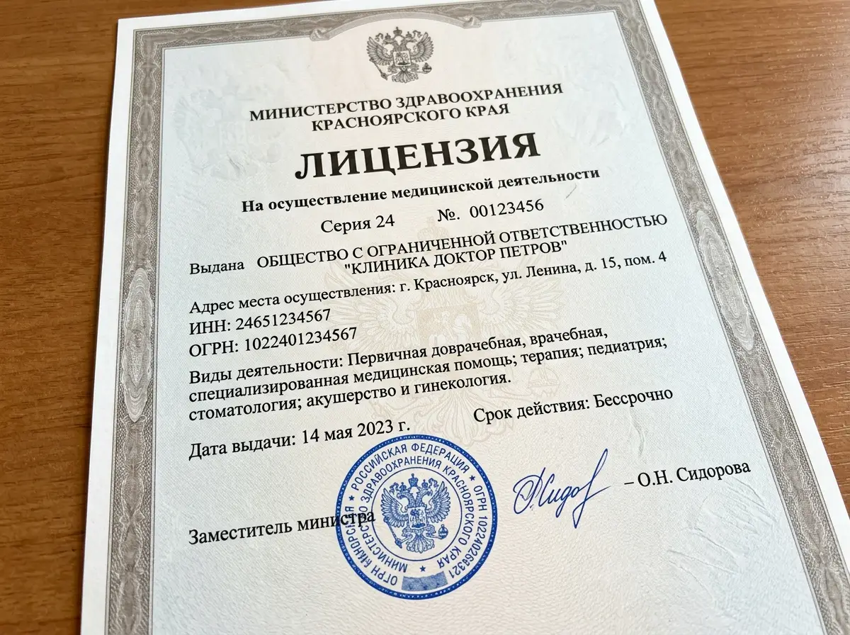 Скан лицензии на медицинскую деятельность Министерства здравоохранения Красноярского края, официальный документ с печатью и подписью