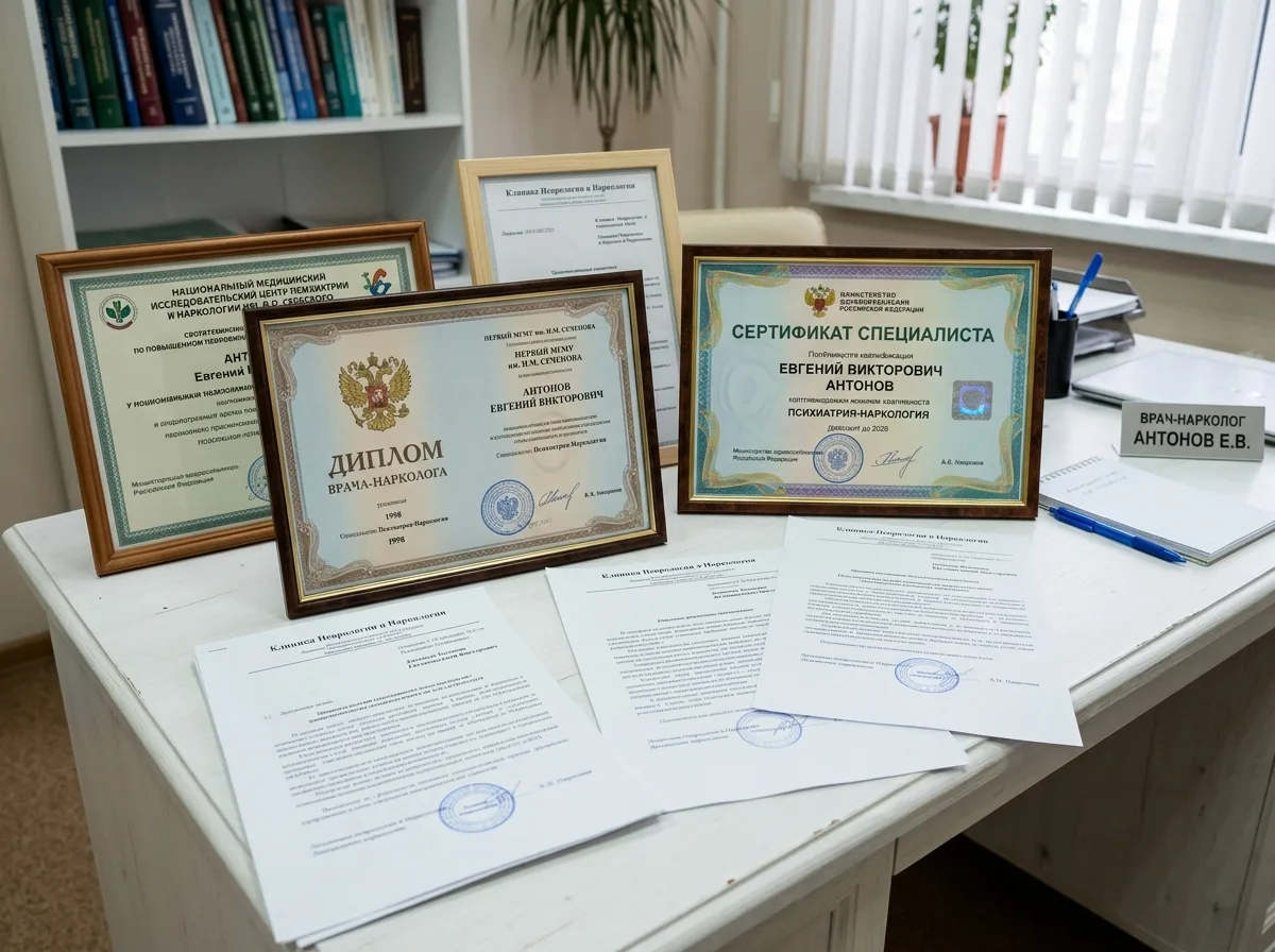 Сертификаты специалистов наркологической клиники, дипломы врачей-наркологов, документы на белом столе